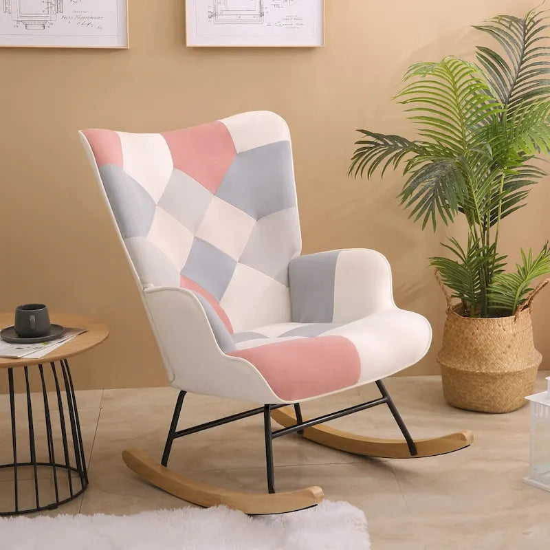 Mid Century Fabric Rocker Chair with Wood Legs and Patchwork Linen