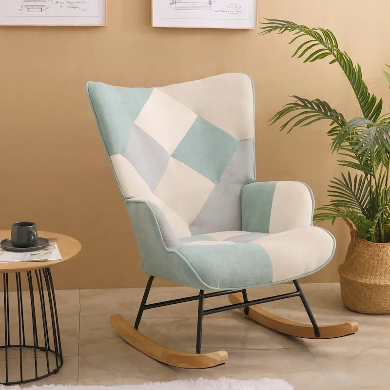 Mid Century Fabric Rocker Chair with Wood Legs and Patchwork Linen