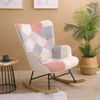 Mid Century Fabric Rocker Chair with Wood Legs and Patchwork Linen