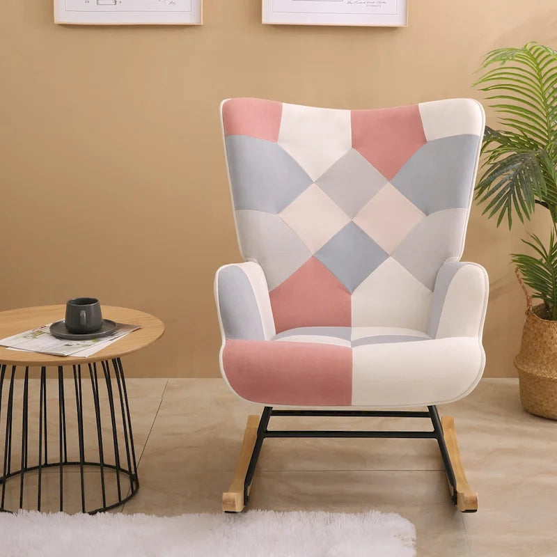Mid Century Fabric Rocker Chair with Wood Legs and Patchwork Linen