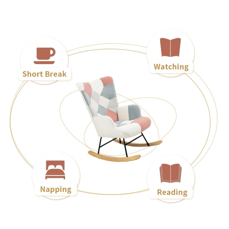 Mid Century Fabric Rocker Chair with Wood Legs and Patchwork Linen