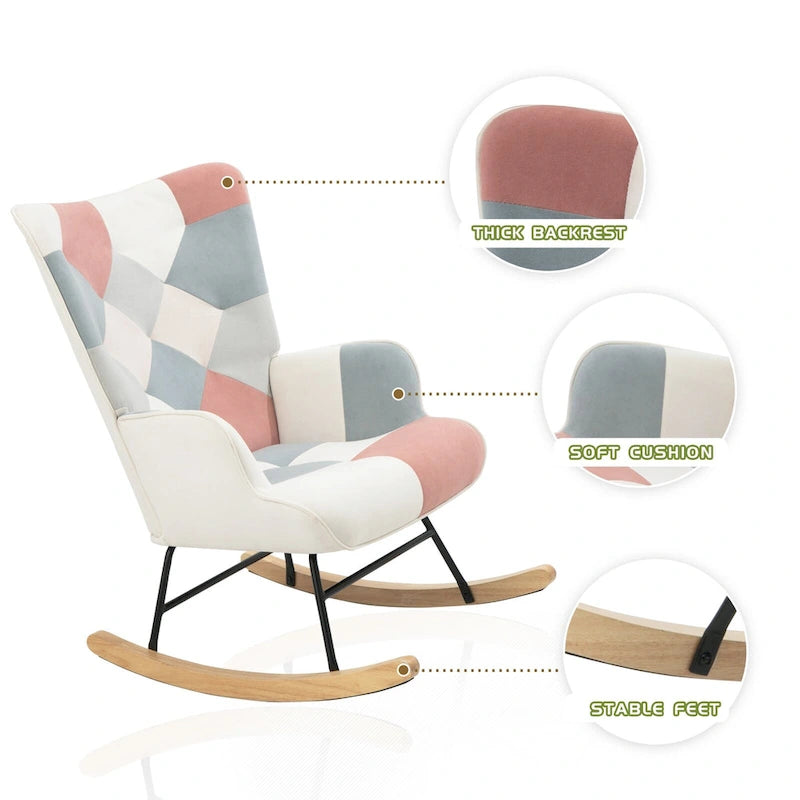Mid Century Fabric Rocker Chair with Wood Legs and Patchwork Linen