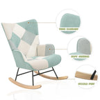 Mid Century Fabric Rocker Chair with Wood Legs and Patchwork Linen