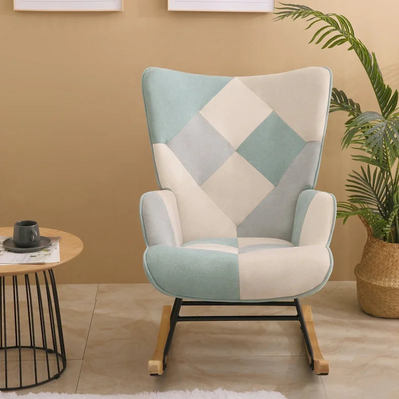 Mid Century Fabric Rocker Chair with Wood Legs and Patchwork Linen