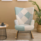 Mid Century Fabric Rocker Chair with Wood Legs and Patchwork Linen