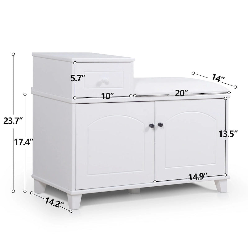 Shoe Storage Bench with PU Cushion and Movable Drawer