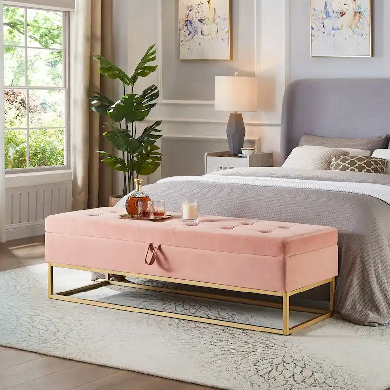 Button Tufting Velvet Storage Bench with Gold Metal Base
