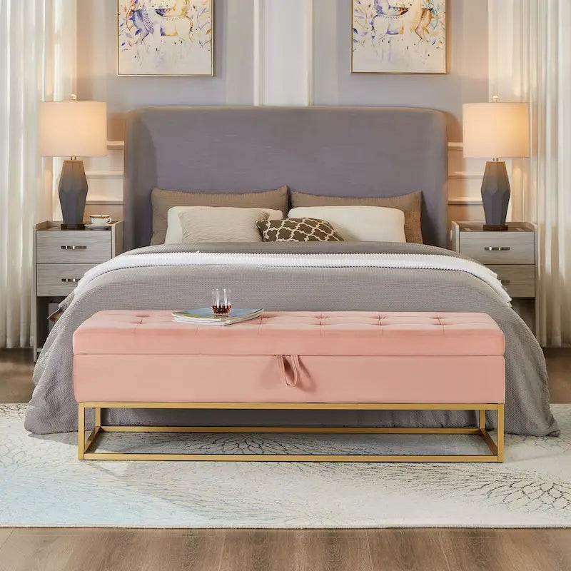 Button Tufting Velvet Storage Bench with Gold Metal Base