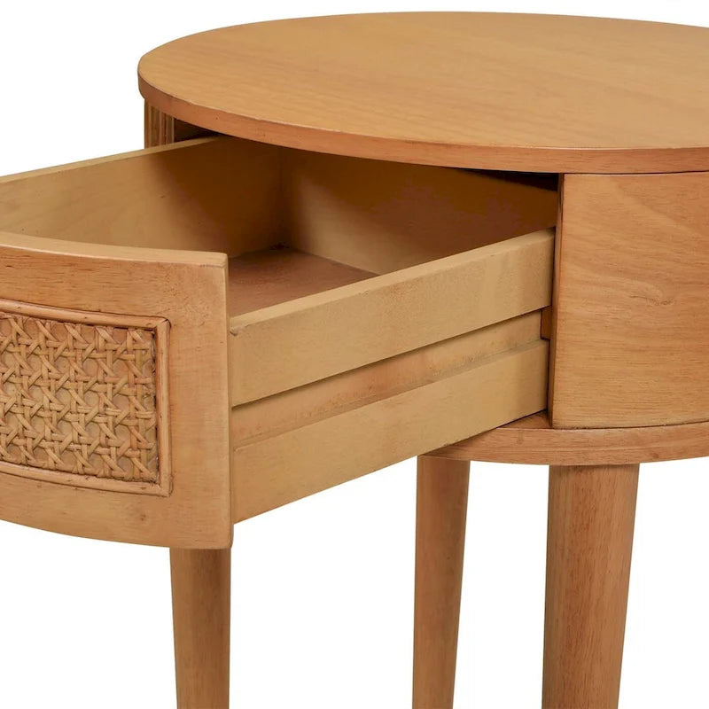Cabana 18 Round Cane Rattan Storage Side Table, Natural Brown Oak Wood