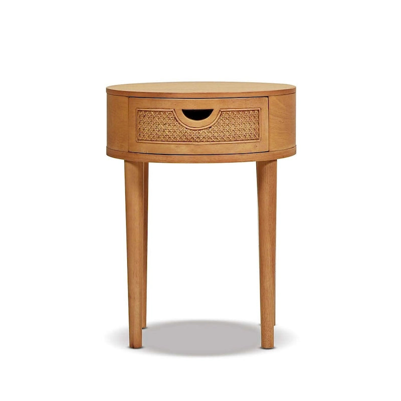 Cabana 18 Round Cane Rattan Storage Side Table, Natural Brown Oak Wood
