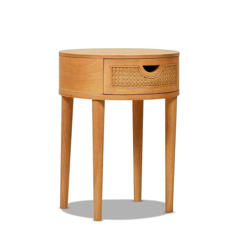 Cabana 18 Round Cane Rattan Storage Side Table, Natural Brown Oak Wood