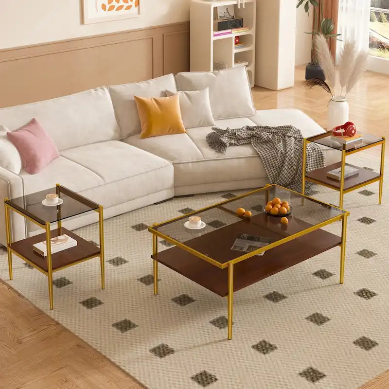 Coffee Table and End tables Set of 3, Tempered Glass Table with MDF layer, Modern Tables for Living Room , Gray Glass