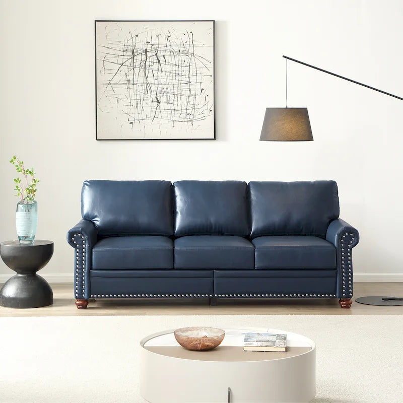 Classic 83 PU Leather Upholstered 3-Seater Sofa with Bottom Storage Box and Nailhead Decoration