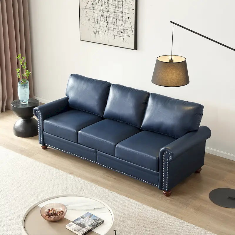 Classic 83 PU Leather Upholstered 3-Seater Sofa with Bottom Storage Box and Nailhead Decoration