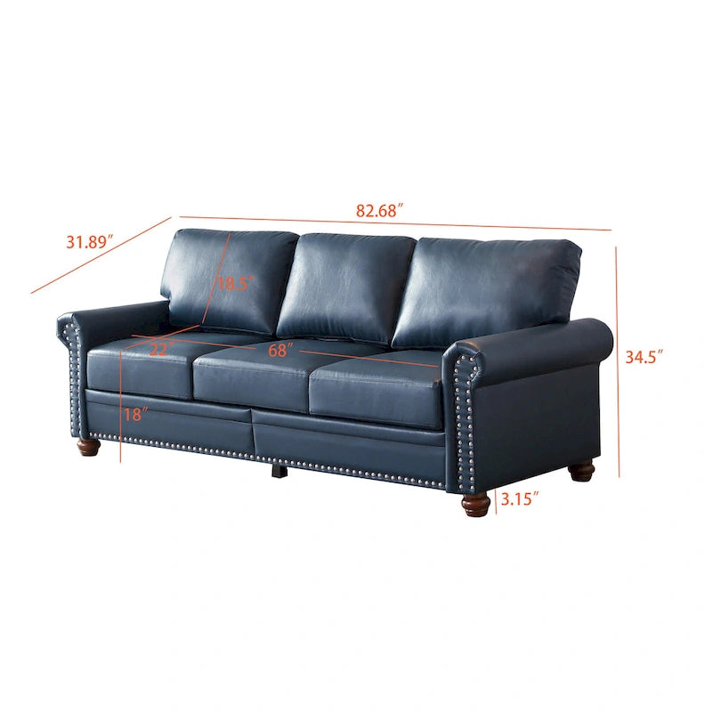 Classic 83 PU Leather Upholstered 3-Seater Sofa with Bottom Storage Box and Nailhead Decoration