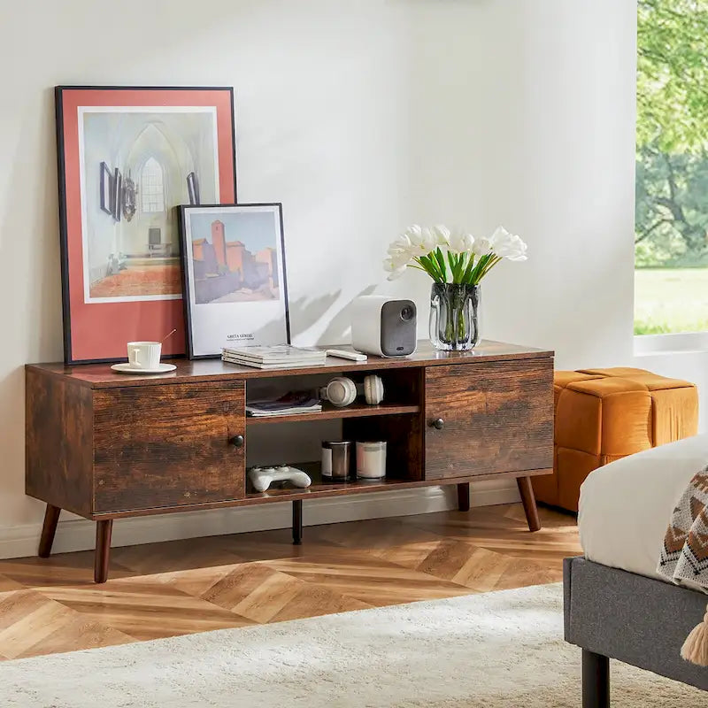 Can accommodate 60 TV, living room/bedroom TV media console, adjustable shelves, 2 storage cabinets, brown