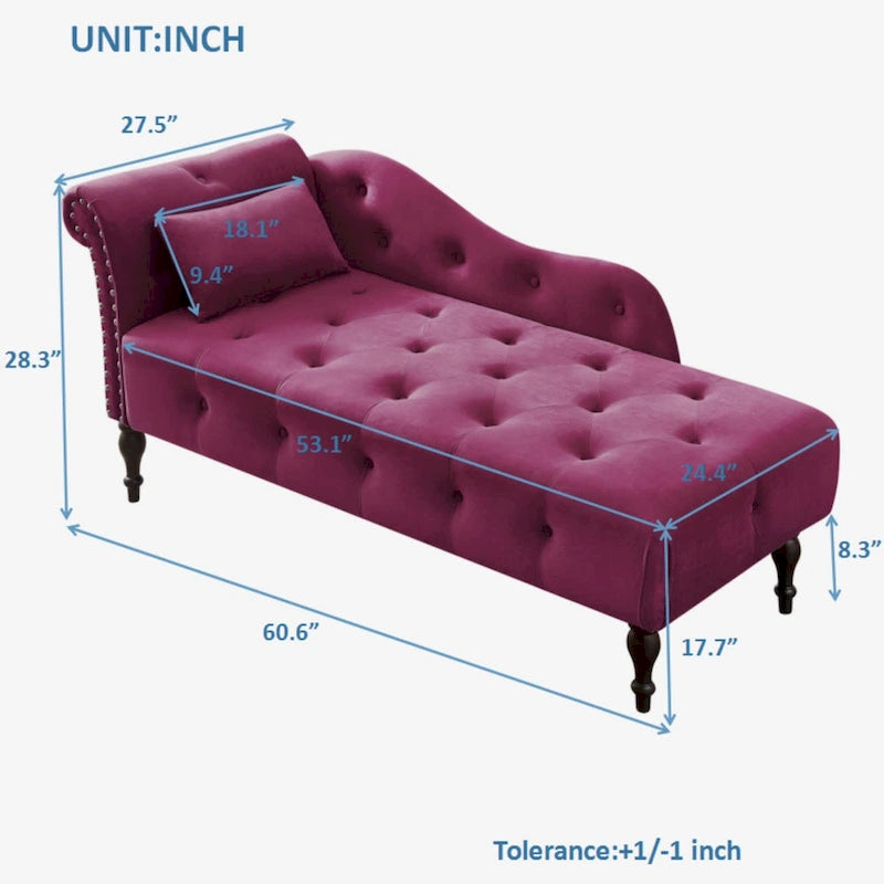 60.6 Velvet Upholstered Button Tufted Chaise Lounge Chair with Nailheads