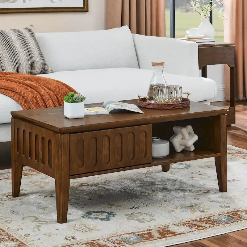 Mid Century Modern Fluted Coffee Table with Storage Sliding Door & Solid Wood Leg, Vintage Farmhouse Wood Center Table