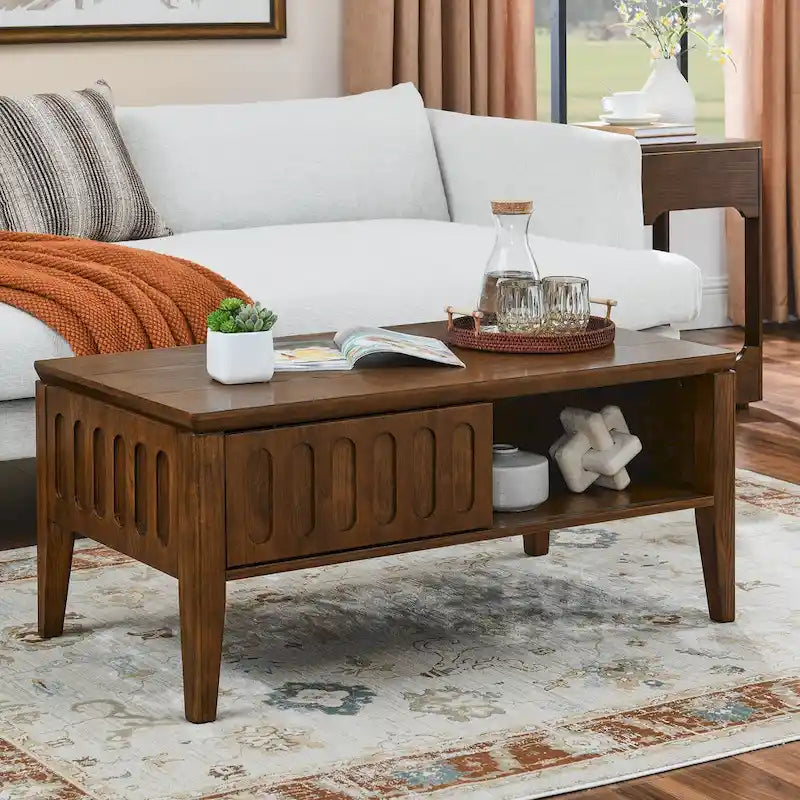 Mid Century Modern Fluted Coffee Table with Storage Sliding Door & Solid Wood Leg, Vintage Farmhouse Wood Center Table