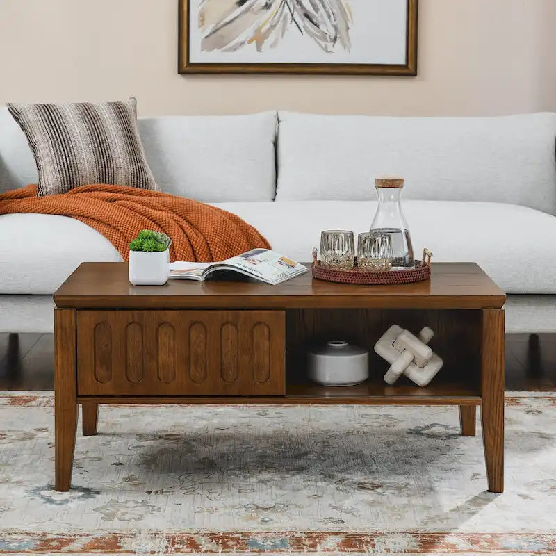 Mid Century Modern Fluted Coffee Table with Storage Sliding Door & Solid Wood Leg, Vintage Farmhouse Wood Center Table