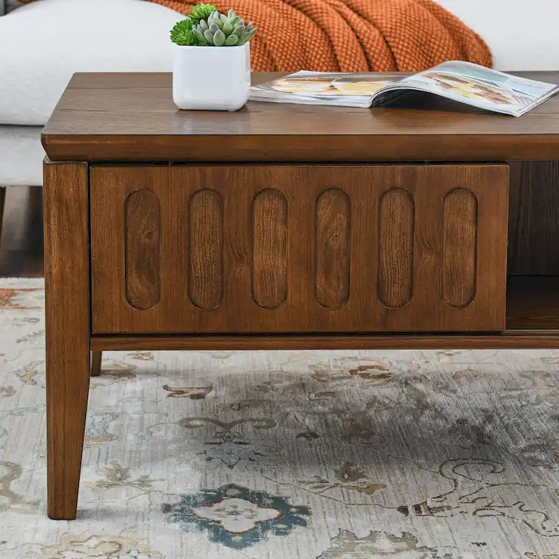 Mid Century Modern Fluted Coffee Table with Storage Sliding Door & Solid Wood Leg, Vintage Farmhouse Wood Center Table