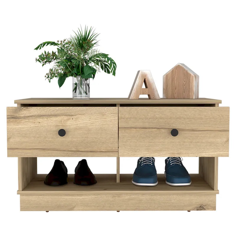 Storage Bench, Lower Shelf, Two Drawers, Light Oak Finish