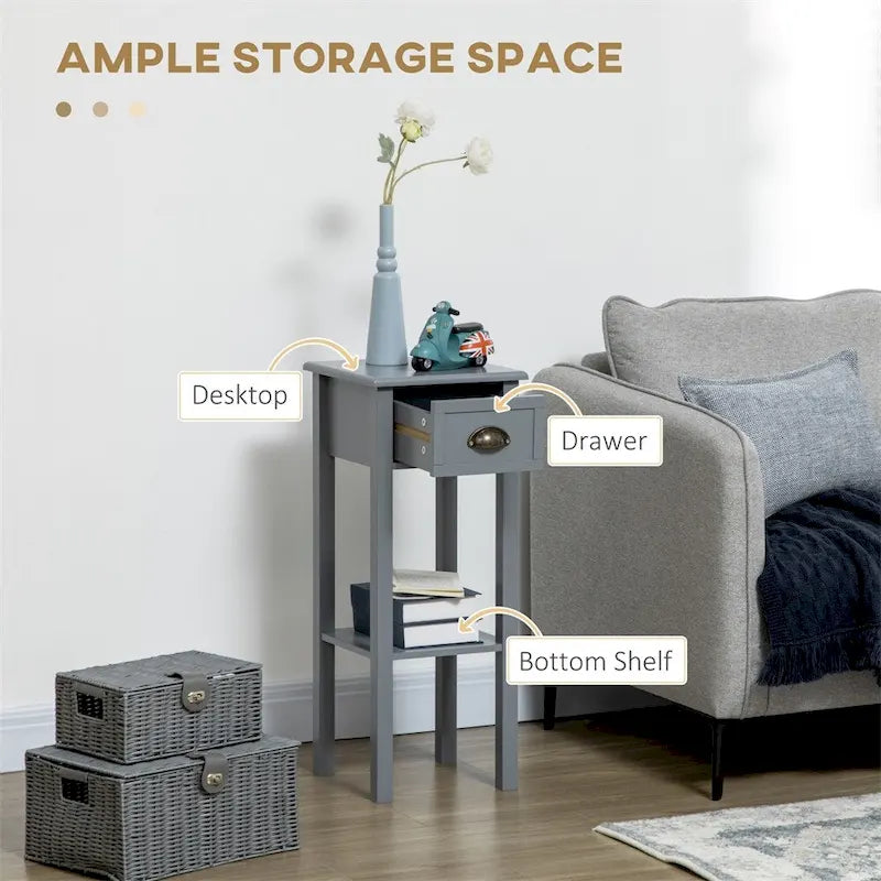 2-Tier Side Table with Drawer,Narrow End Table with Bottom Shelf