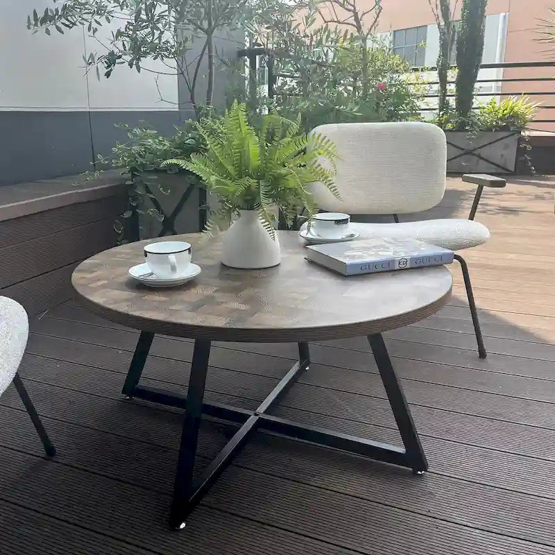 Round Coffee Table Wood Grain and Black Metal