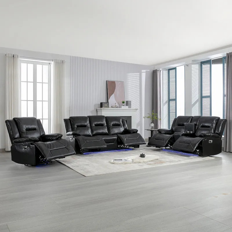Home Theater Recliner Set Manual Recliner Chair with a LED Light Strip Two Built-in Cup Holders for Living Room,Bedroom, Black ,