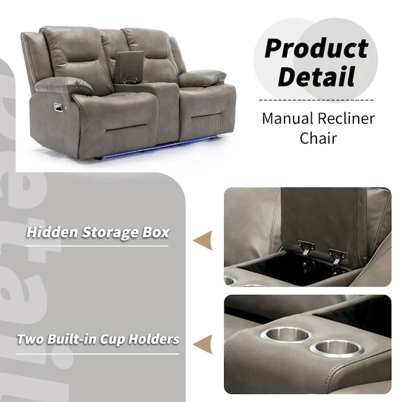Home Theater Recliner Set Manual Recliner Chair with a LED Light Strip Two Built-in Cup Holders for Living Room,Bedroom, Black ,