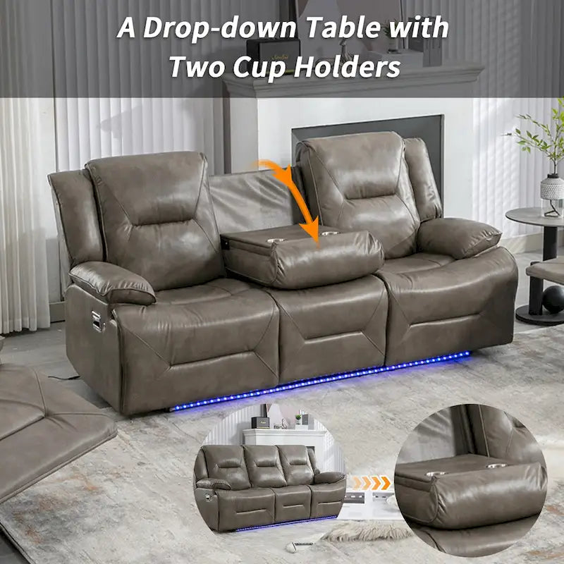 Home Theater Recliner Set Manual Recliner Chair with a LED Light Strip Two Built-in Cup Holders for Living Room,Bedroom, Black ,