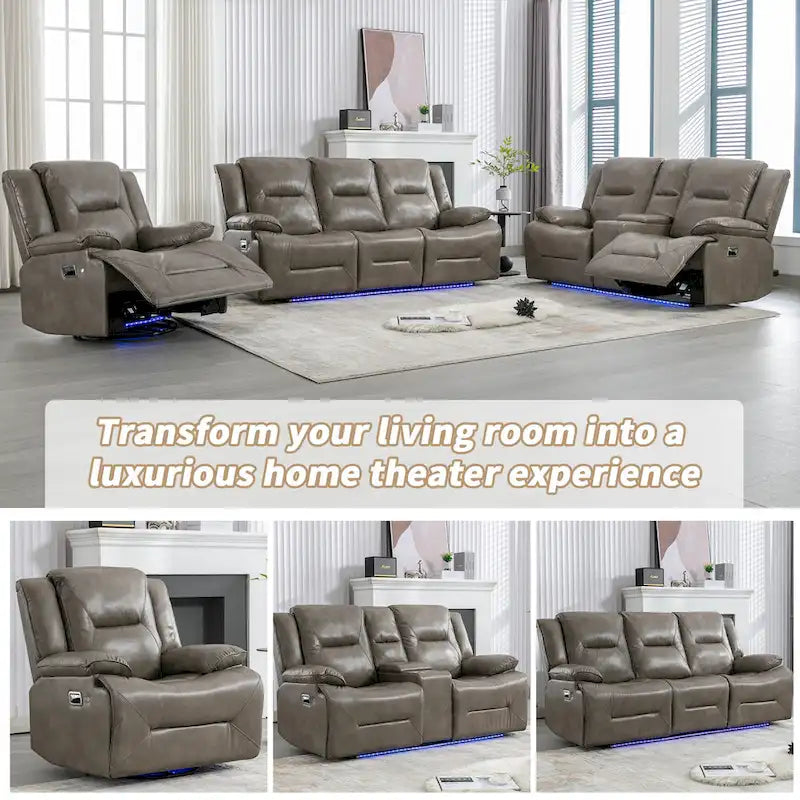 Home Theater Recliner Set Manual Recliner Chair with a LED Light Strip Two Built-in Cup Holders for Living Room,Bedroom, Black ,