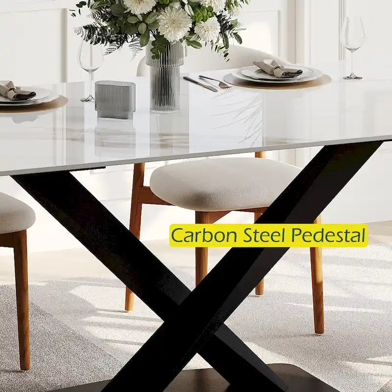 Modern Rectangular Dining table with Glossy Sintered Stone Table top, White Kitchen Table
