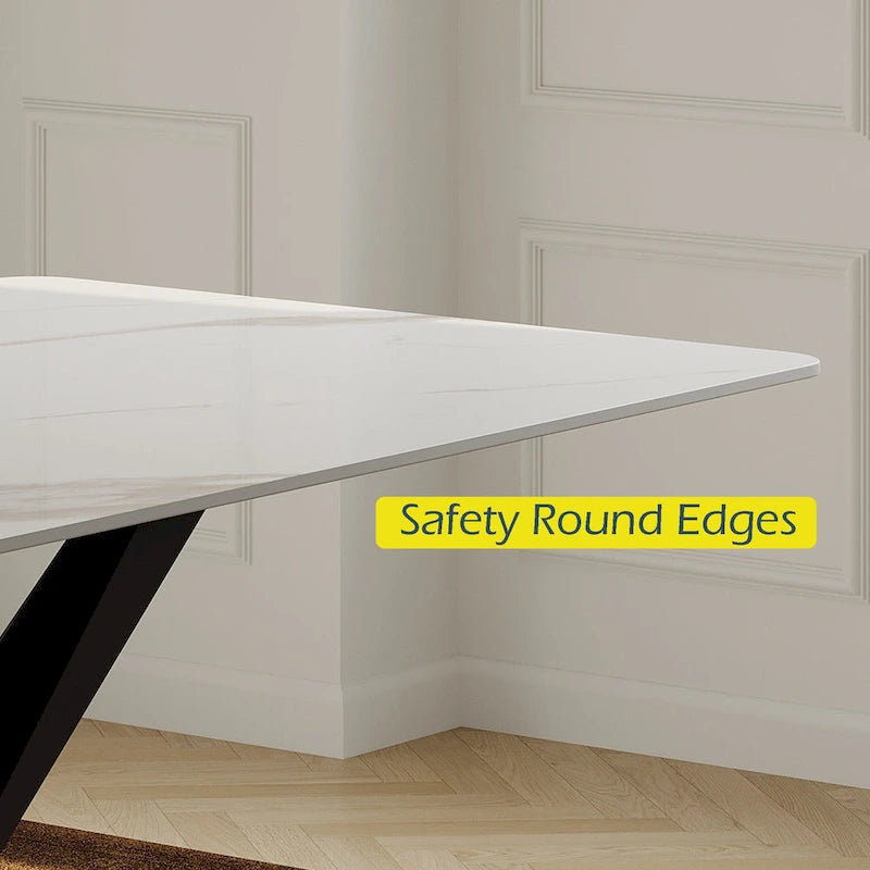 Modern Rectangular Dining table with Glossy Sintered Stone Table top, White Kitchen Table