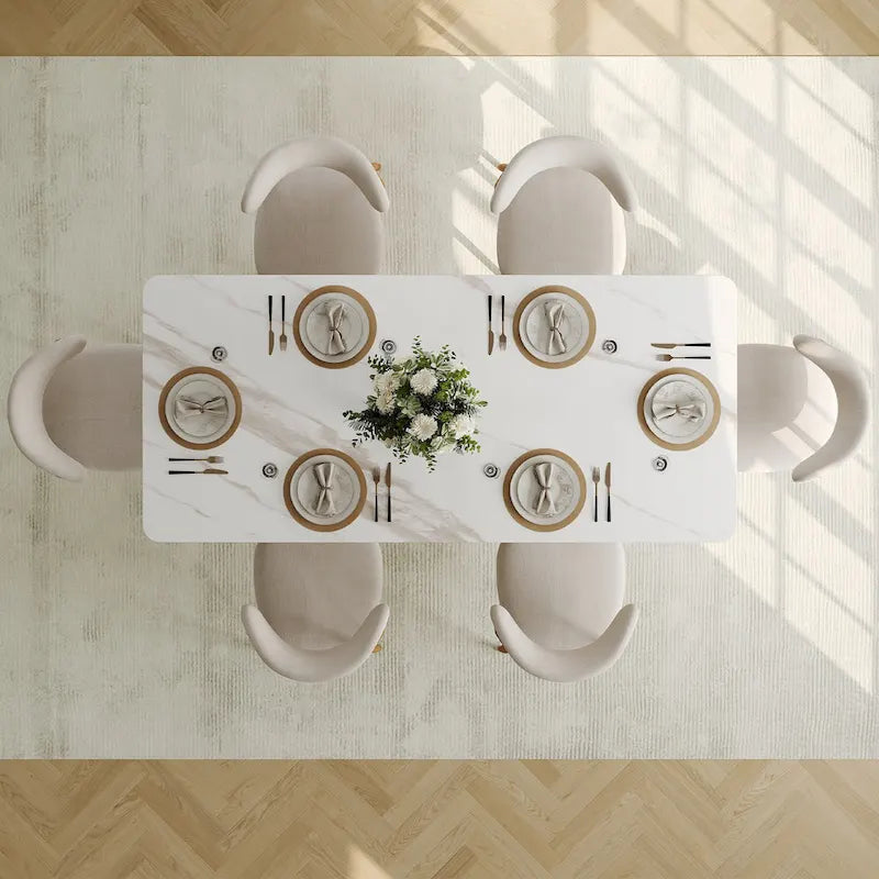 Modern Rectangular Dining table with Glossy Sintered Stone Table top, White Kitchen Table