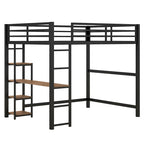 Full Size Metal Loft Bed with Built-in Desk and Storage Shelves