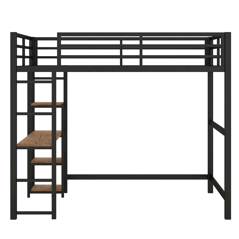 Full Size Metal Loft Bed with Built-in Desk and Storage Shelves