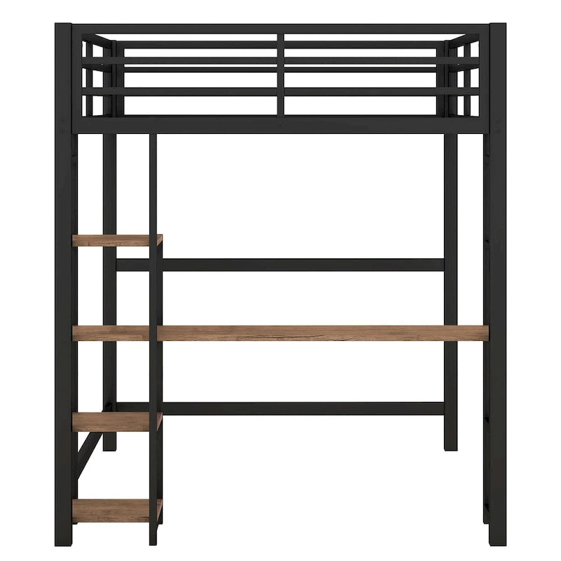 Full Size Metal Loft Bed with Built-in Desk and Storage Shelves