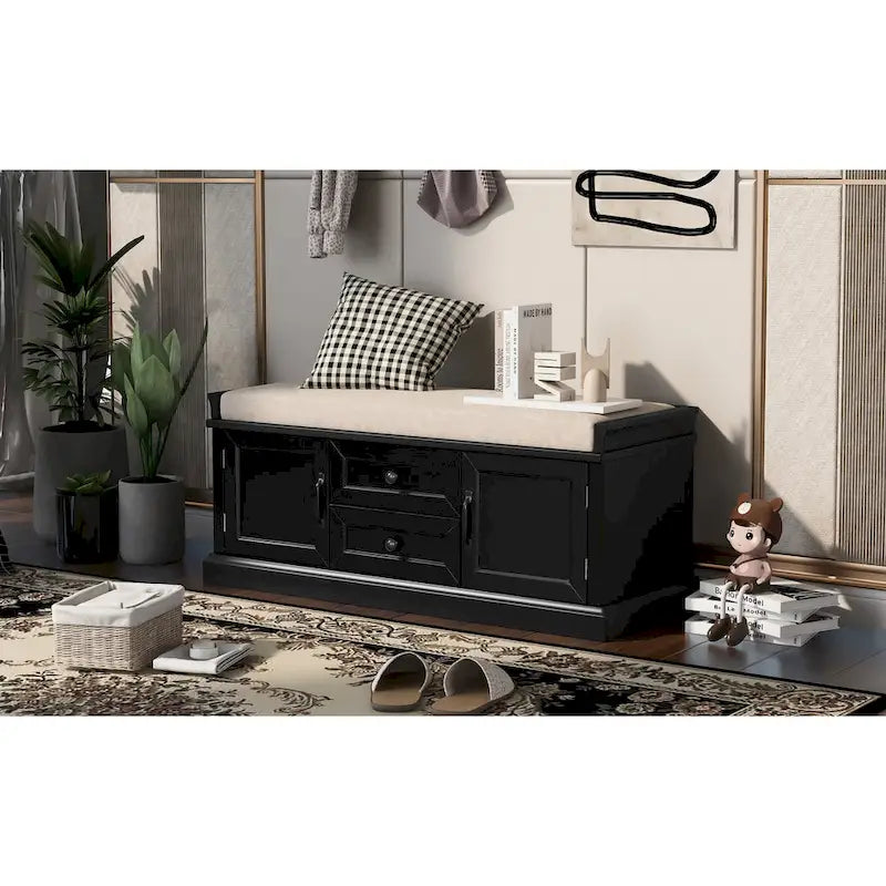 Modern Storage Bench with 2 Storage Drawers and 2 Cabinet Doors, Removable Cushion for Home Entryway and Lounge