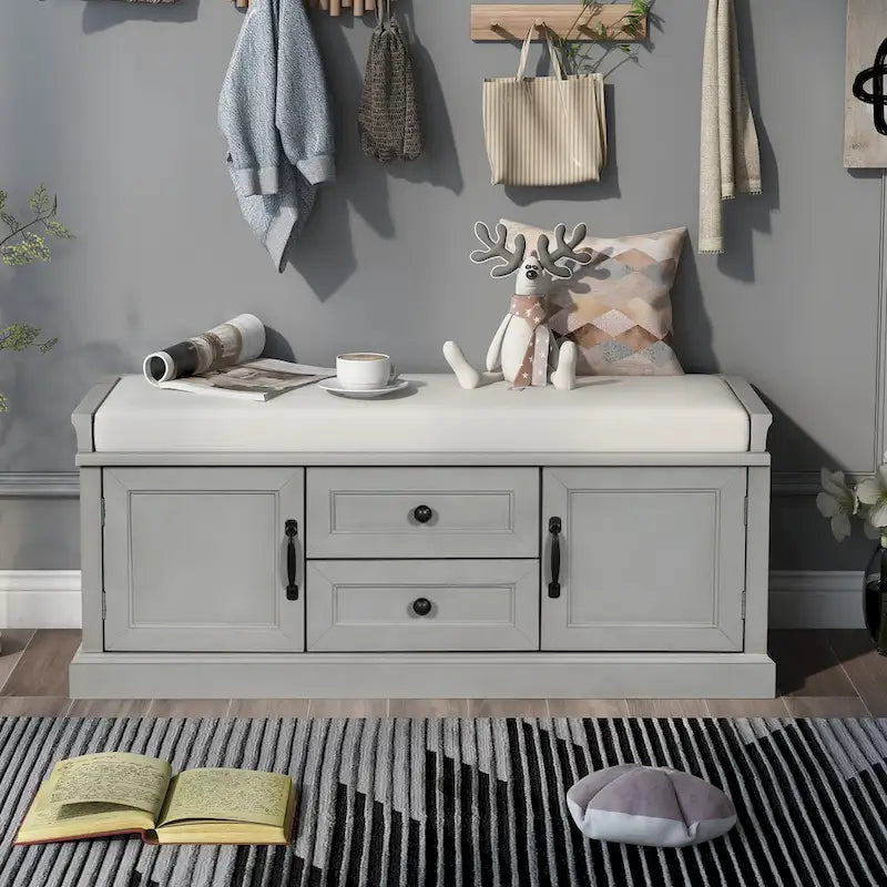 Modern Storage Bench with 2 Storage Drawers and 2 Cabinet Doors, Removable Cushion for Home Entryway and Lounge