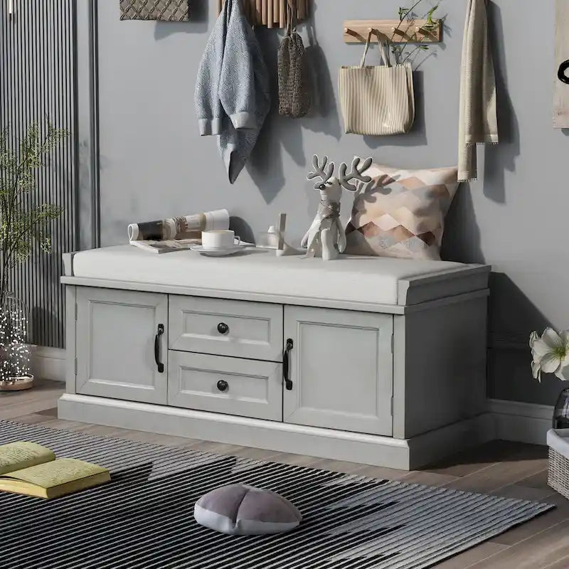 Modern Storage Bench with 2 Storage Drawers and 2 Cabinet Doors, Removable Cushion for Home Entryway and Lounge