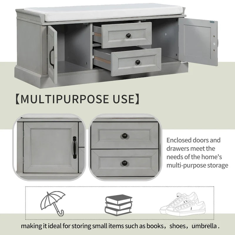 Modern Storage Bench with 2 Storage Drawers and 2 Cabinet Doors, Removable Cushion for Home Entryway and Lounge