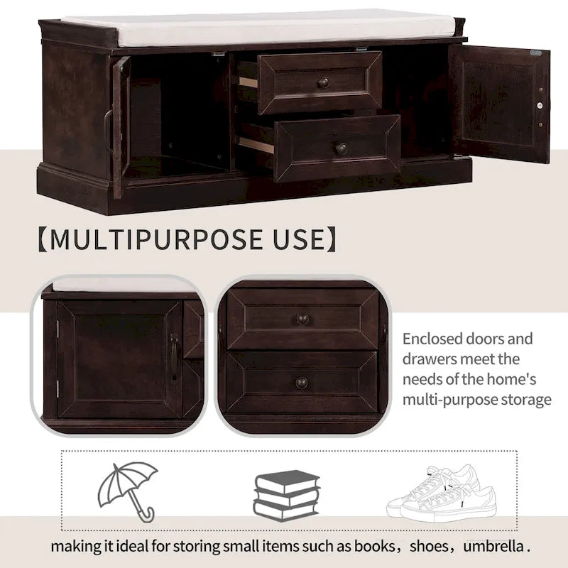 Modern Storage Bench with 2 Storage Drawers and 2 Cabinet Doors, Removable Cushion for Home Entryway and Lounge
