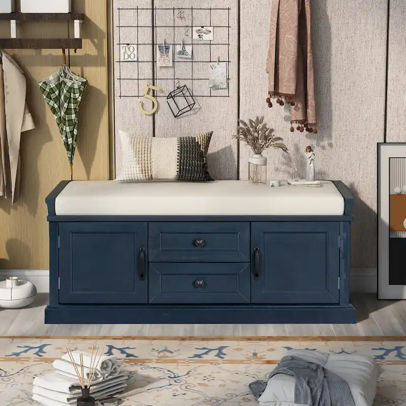 Modern Storage Bench with 2 Storage Drawers and 2 Cabinet Doors, Removable Cushion for Home Entryway and Lounge