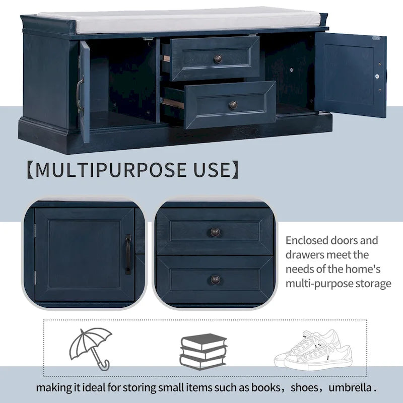 Modern Storage Bench with 2 Storage Drawers and 2 Cabinet Doors, Removable Cushion for Home Entryway and Lounge