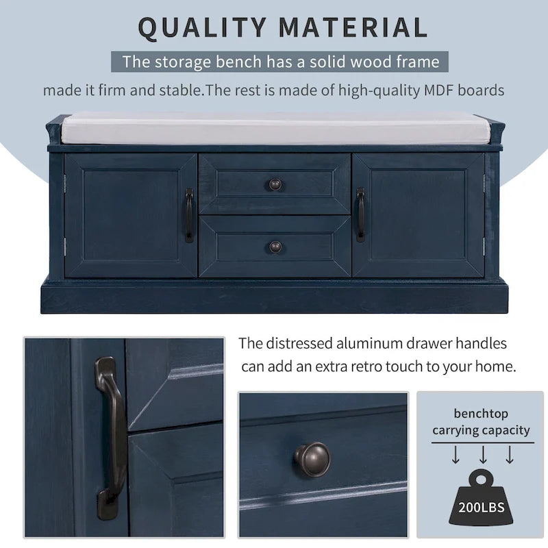 Modern Storage Bench with 2 Storage Drawers and 2 Cabinet Doors, Removable Cushion for Home Entryway and Lounge