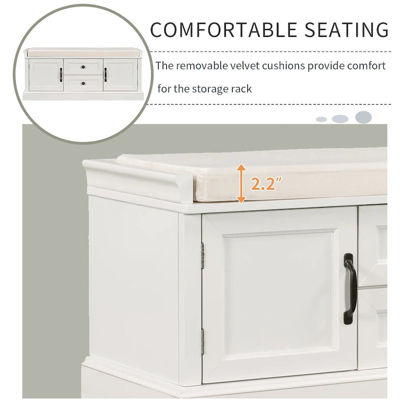 Modern Storage Bench with 2 Storage Drawers and 2 Cabinet Doors, Removable Cushion for Home Entryway and Lounge