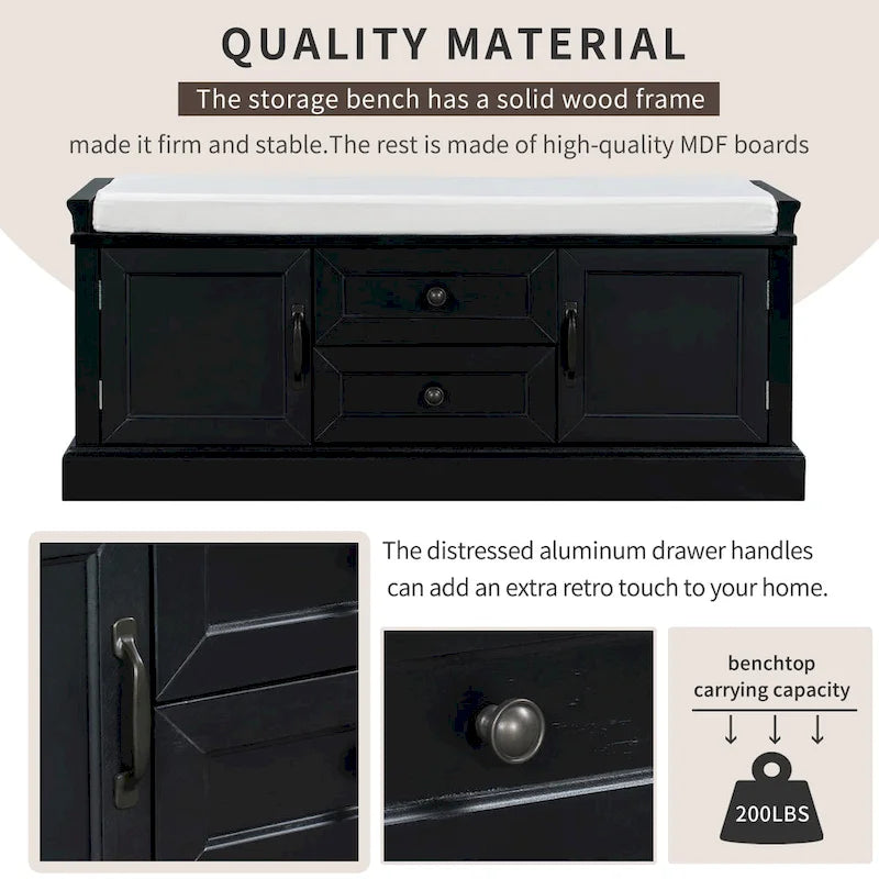 Modern Storage Bench with 2 Storage Drawers and 2 Cabinet Doors, Removable Cushion for Home Entryway and Lounge