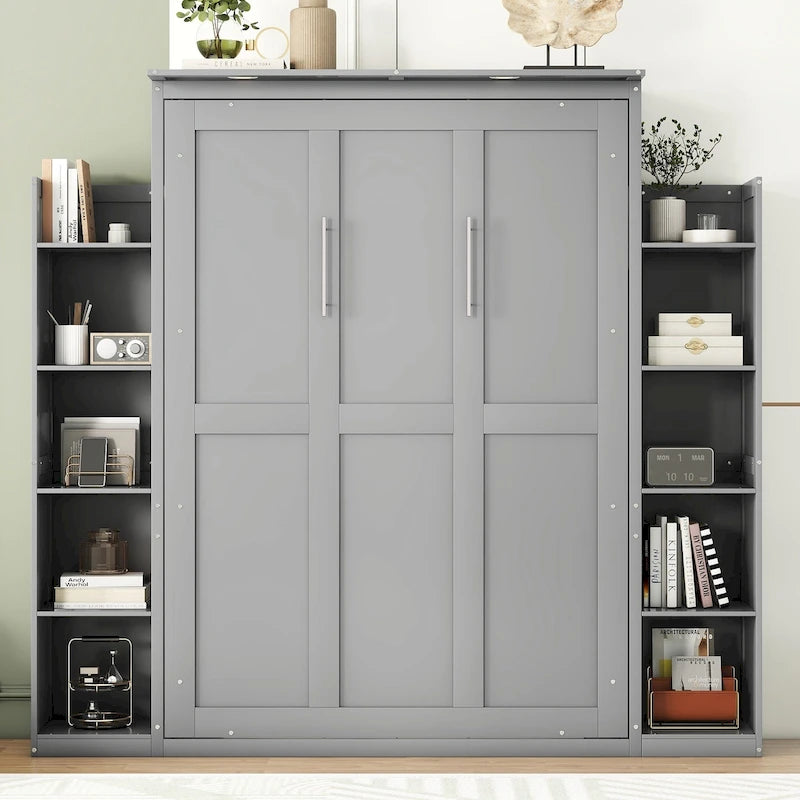 Full Size Murphy Bed Wall Bed with Shelves and LED Lights