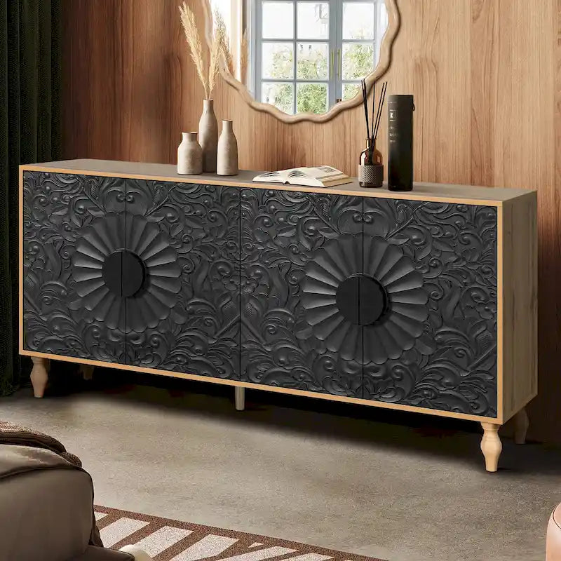Lily Carved Flower Door Large Storage Sideboard Cabinet with Shelves by GDFStudio